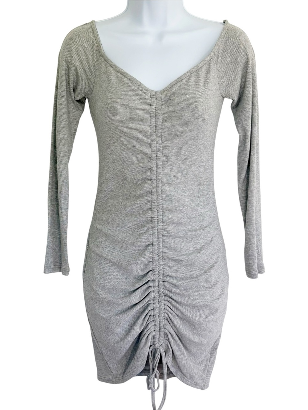 SUPERDOWN Gray Ribbed Ruched Bodycon Mini Dress Long Sleeve Stretch Small